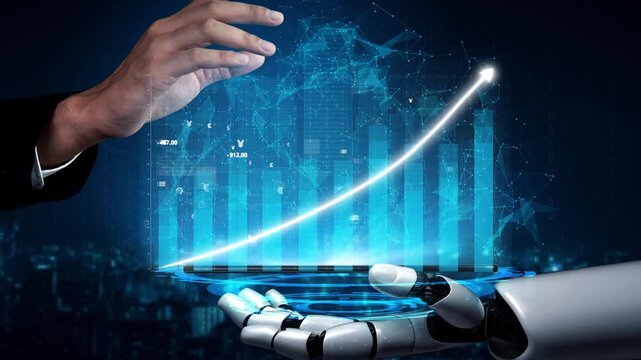 A human hand reaches out to a robotic hand, engaging with a holographic interface displaying digital data and growth metrics, symbolizing collaboration between technology and business. Copula