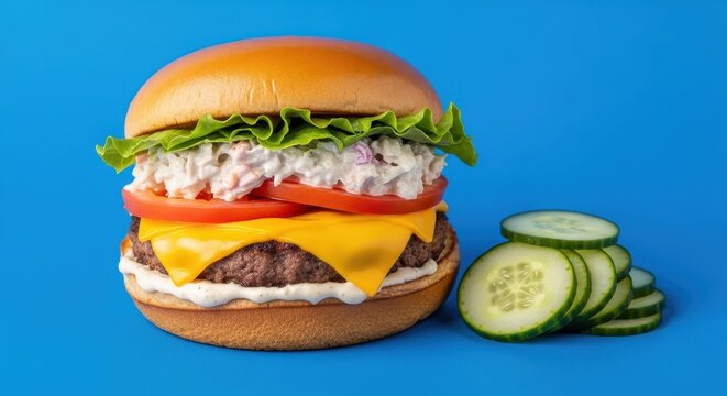 Delicious cheeseburger with fresh lettuce and cucumber slices.