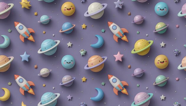 Seamless pattern with cute planets and rockets on purple background
