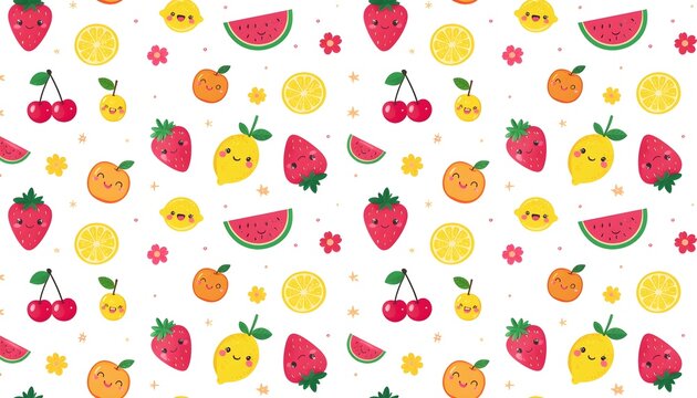 Cute kawaii fruit seamless pattern with smiling faces