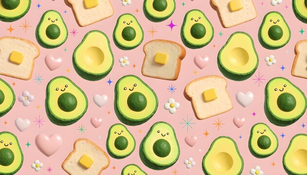 Seamless pattern of cute smiling avocados