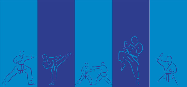 Dynamic illustration of martial arts silhouettes in action poses against a blue background with vertical stripes.