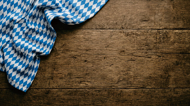 Bavarian tablecloth on rustic wooden surface with copy space