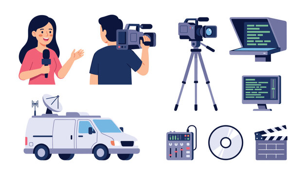 Television broadcasting vector set with news reporter journalist videographer camera on tripod teleprompter clapperboard and satellite news van elements