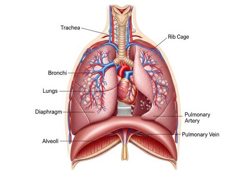 Detailed anatomical illustration of human respiratory system.