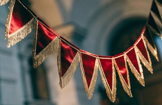 Decorative red and gold triangle bunting flags hanging for a festive party celebration event