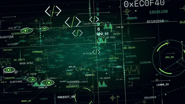 Digital technology abstract background with data streams code and eye icons representing surveillance and AI learning