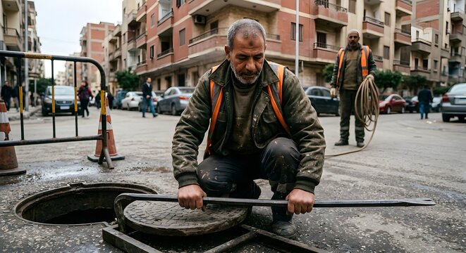 Middle Aged Municipal Worker Opening Manhole Cover In City Street With Co Worker In Background