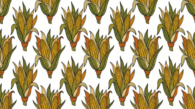 Seamless pattern with hand drawn corn stalks on a white background.