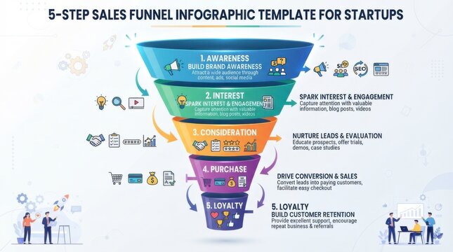 Five step sales funnel infographic template for startup business growth