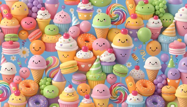 Colorful collection of smiling 3d desserts on a blue background