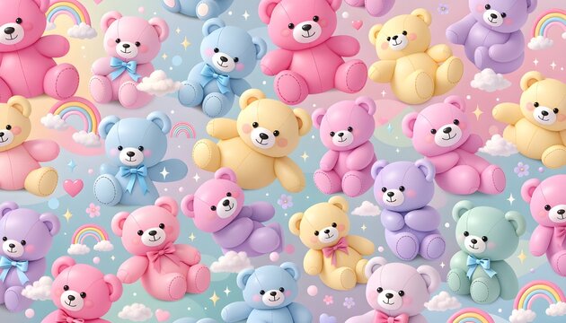 Seamless pattern of colorful 3d teddy bears with rainbows