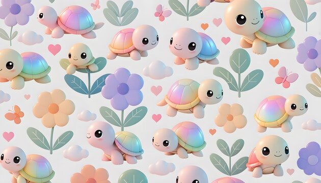 Pattern of cute baby turtles with rainbow shells