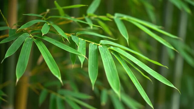 Close-up of emerald green bamboo leaves, swaying in the wind