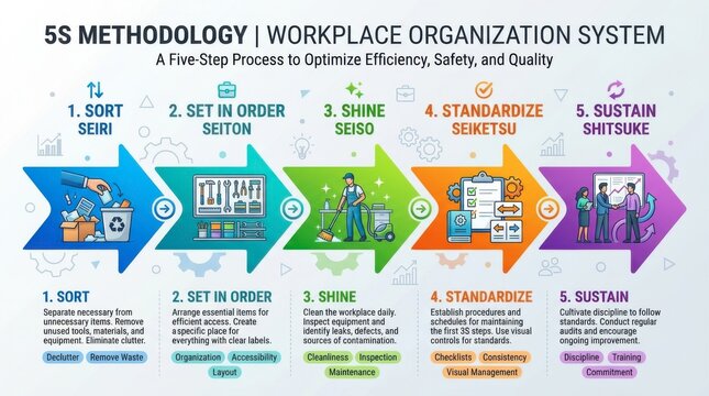 5S methodology diagram illustrating workplace organization and lean process