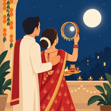 Couple celebrating indian tradition by looking at full moon through sieve on festive terrace