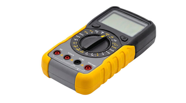 Digital multimeter electrical tester isolated on white, portable electronic measuring tool for voltage testing, yellow professional testing equipment