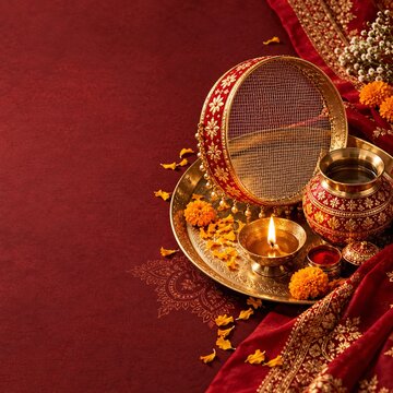 Brass sieve and metal pot for karwa chauth ritual on red table with petals and traditional diya lamp
