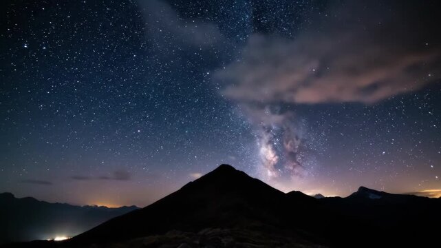 The dazzling starry sky under the mountain night sky, the distant mountain night view under the starry sky