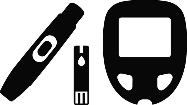 Black glyph vector icon set featuring a blood glucose meter, test strip, and lancet pen for diabetes monitoring.