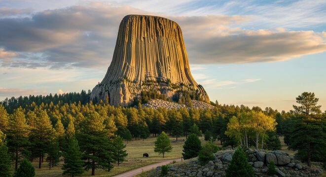 Devils Tower National Monument at Sunset with Forest.