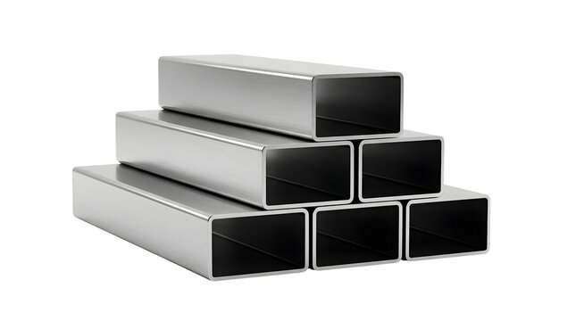 3d render of six rectangular metal hollow structural section tubes stacked in a pyramid formation