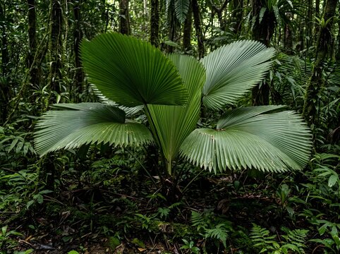 A striking fan palm with large pleated circular green leaves growing on the dark floor of a dense tropical rainforest.
