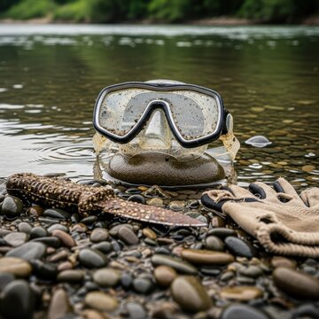 Diving mask on frog by rocky riverbank.