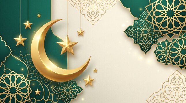 Elegant Islamic celebration background with 3D golden crescent moon, hanging stars, and intricate green and gold geometric arabesque patterns for Ramadan and Eid al-Fitr.