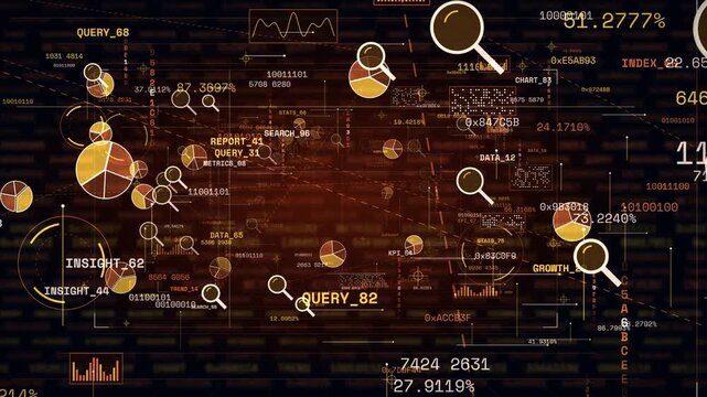 Digital data analysis and business intelligence with charts graphs and magnifying glass icons loop