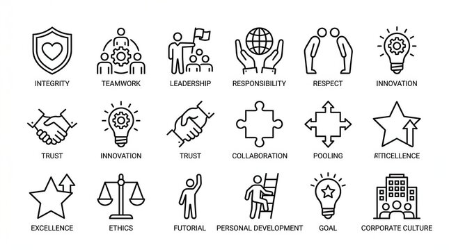 Corporate core values line icon set for business strategy and management