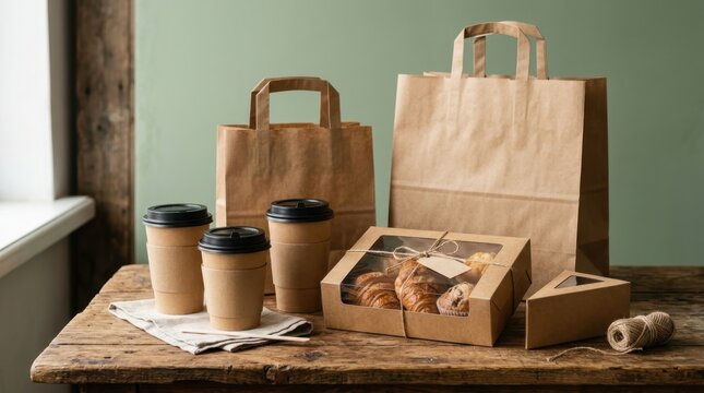 Eco-Friendly Takeaway Food Packaging and Coffee Cups on a Rustic Wooden Table with Bakery Box, Pastries, and Brown Paper Bags against a Soft Sage Green Wall Background