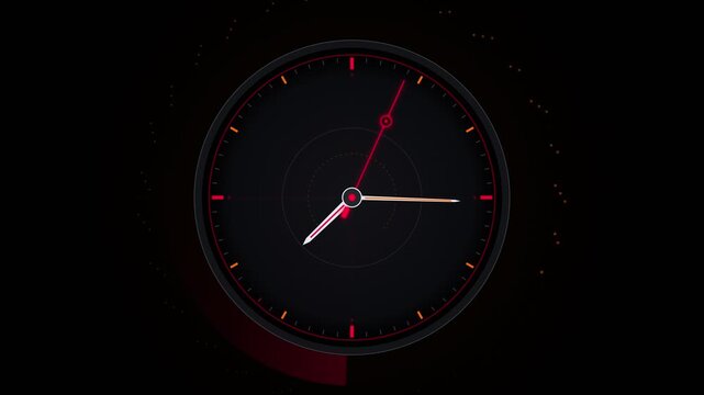 Modern Black Clock Face with Red Accents Showing Time.