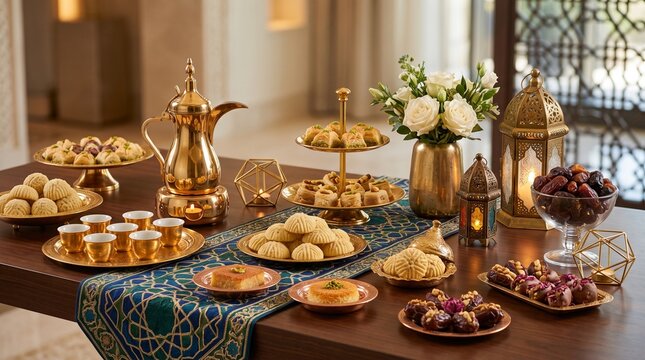 Traditional Eid al-Fitr dessert table display featuring Arabic coffee in a gold dallah, maamoul cookies, baklava, stuffed dates, and decorative lanterns on a wooden table with runner.