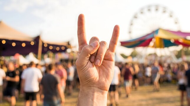 Close up of a hand making the rock sign with horns gesture at a sunny outdoor music festival