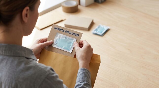 Woman opening direct mail envelope with enclosed cosmetic sample sachet mockup