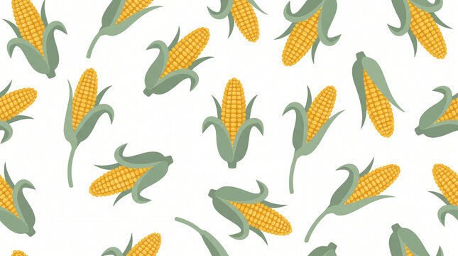 Seamless pattern with cute cartoon corn cobs on a white background.
