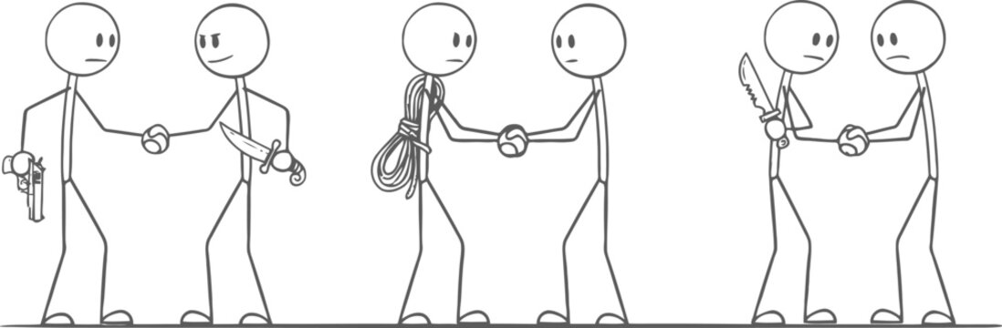 Stick figures shaking hands with hidden weapons during deceptive business deals under white background