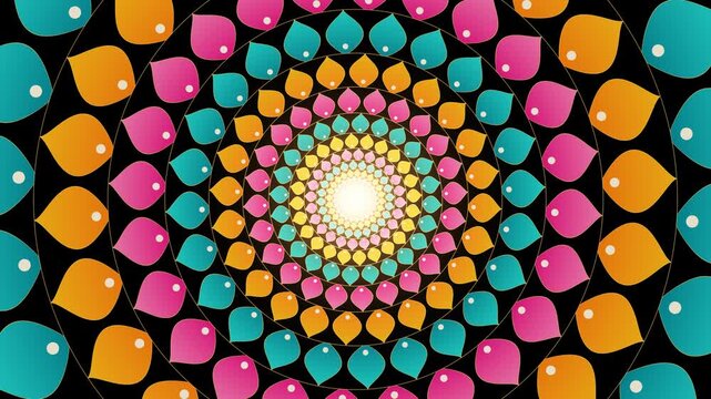 Kaleidoscope tunnel of pink, orange and teal petals endlessly zooming toward a glowing center, hypnotic vj loop