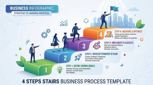 Four step business infographic template with professionals climbing stairs