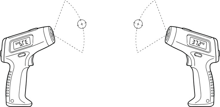 Two infrared thermometers measuring temperature with digital displays showing readings against a white background