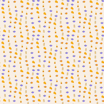 Seamless pattern of cheese, teapots, milk cartons, and aprons