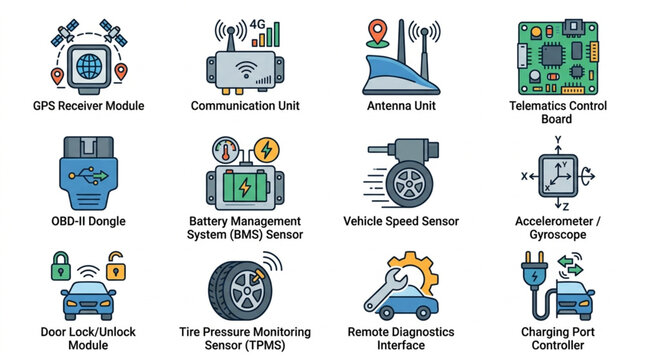 Sleek Telematics System Components Illustrated Breakdown of Vehicle Tech Modules with Icons Sensors and Control Units