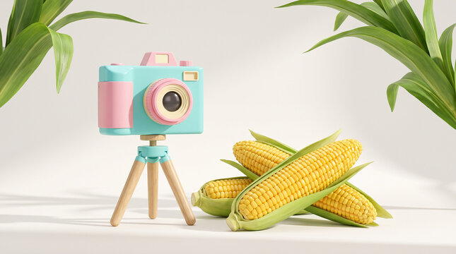 A cute pastel colored camera on a tripod next to fresh corn cobs.