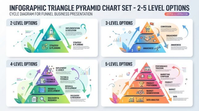 Infographic triangle pyramid chart set for business funnel presentation