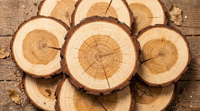 Top view of circular wooden logs stacked on a rustic wooden background.