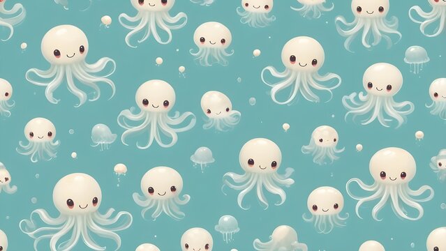 Adorable Seamless Pattern with Cute Cartoon Octopuses and Jellyfish on Light Blue Background, Underwater Marine Life