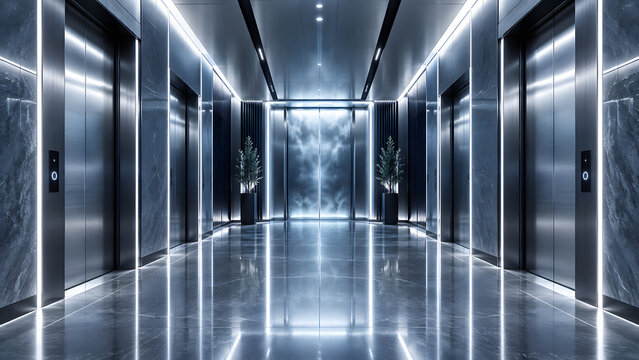 Modern elevator corridor 3D render with sleek metallic finish, glowing LED lights, and polished marble floor
