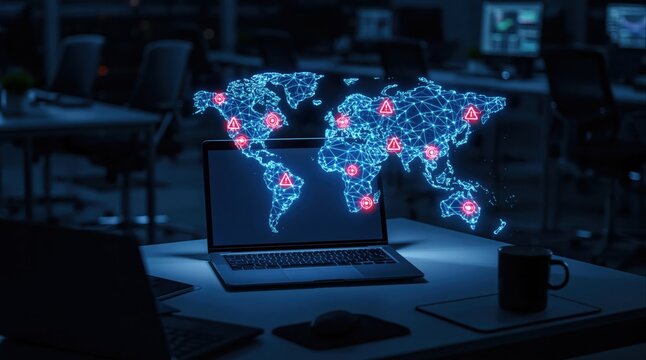 Global digital map on a laptop screen showing a cyber security network connection for data technology in an office