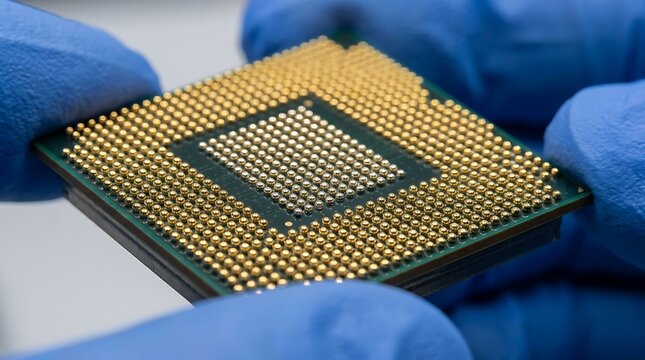 Close up of a CPU processor with gold pins held by gloved hands, symbolizing advanced technology Chip and microchip production chain.